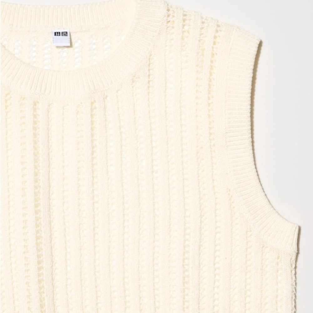 Uniqlo Linen Blend Vest Womens L Ivory Crochet Open Knit Minimalist Capsule